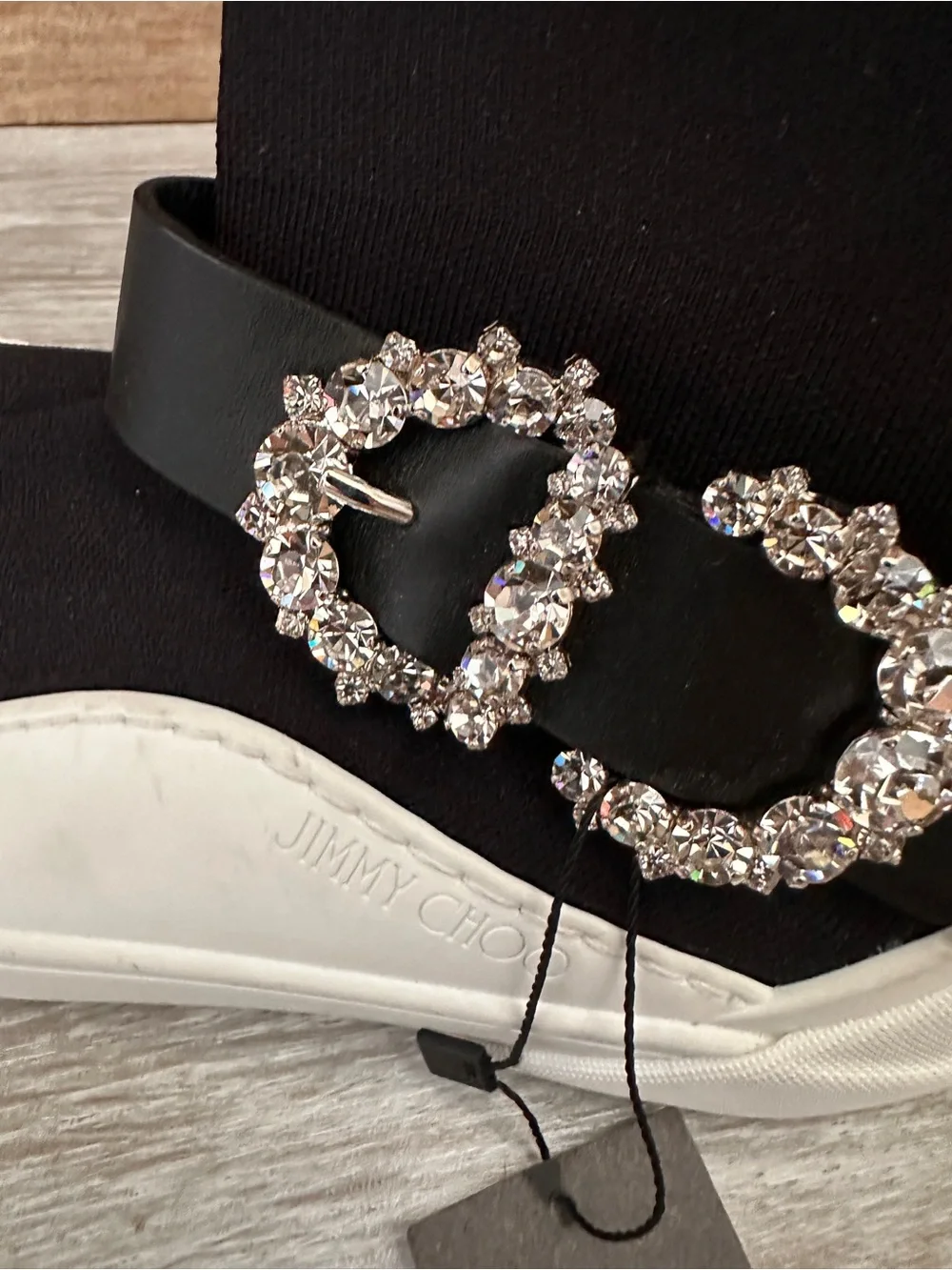 Jimmy Choo Black Sock-Style Platform Sneakers with Crystal Buckle Accent